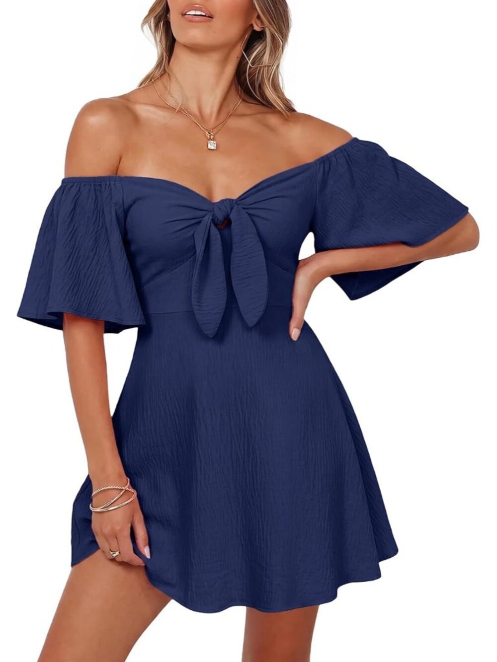 Women's Blue Summer Deep Short Sleeve V Neck Elegant Bow Tie Mini Party Dresses